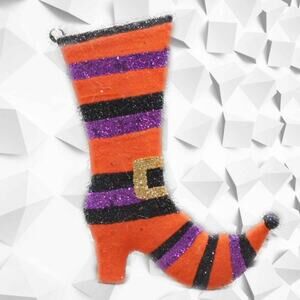 Pier 1 Imports Halloween Ornament Witch Boot Orange Glitter Metal